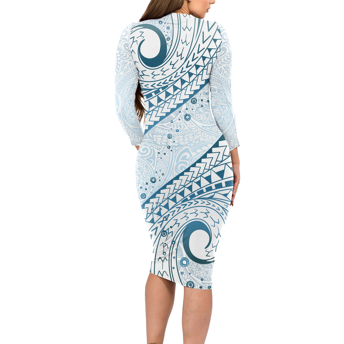 Pasifika Festival Long Sleeve Bodycon Dress Tribal Pattern Blue Version LT01 - Polynesian Pride