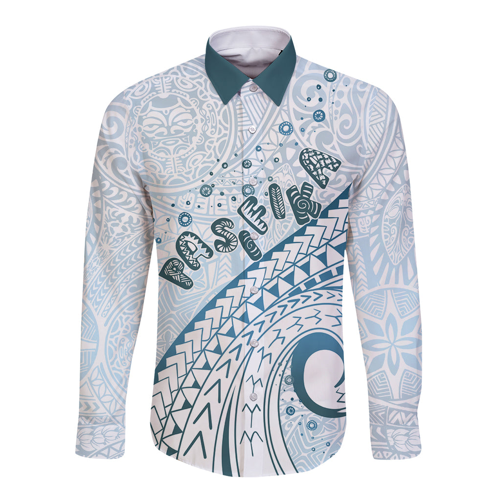 Pasifika Festival Long Sleeve Button Shirt Tribal Pattern Blue Version LT01 Unisex Blue - Polynesian Pride