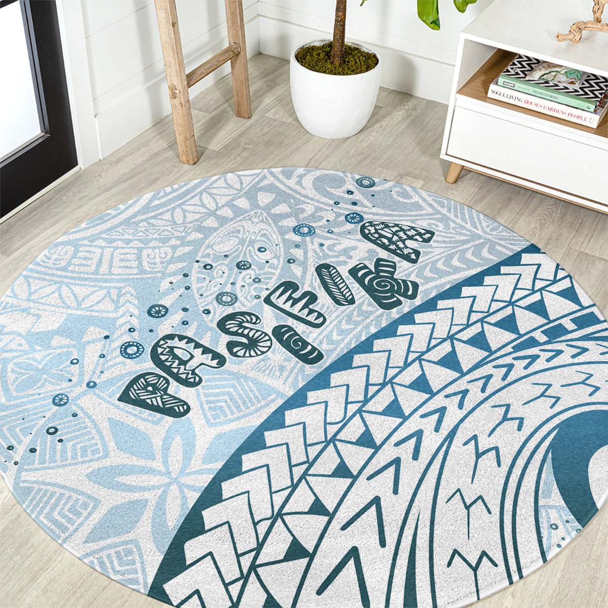 Pasifika Festival Round Carpet Tribal Pattern Blue Version