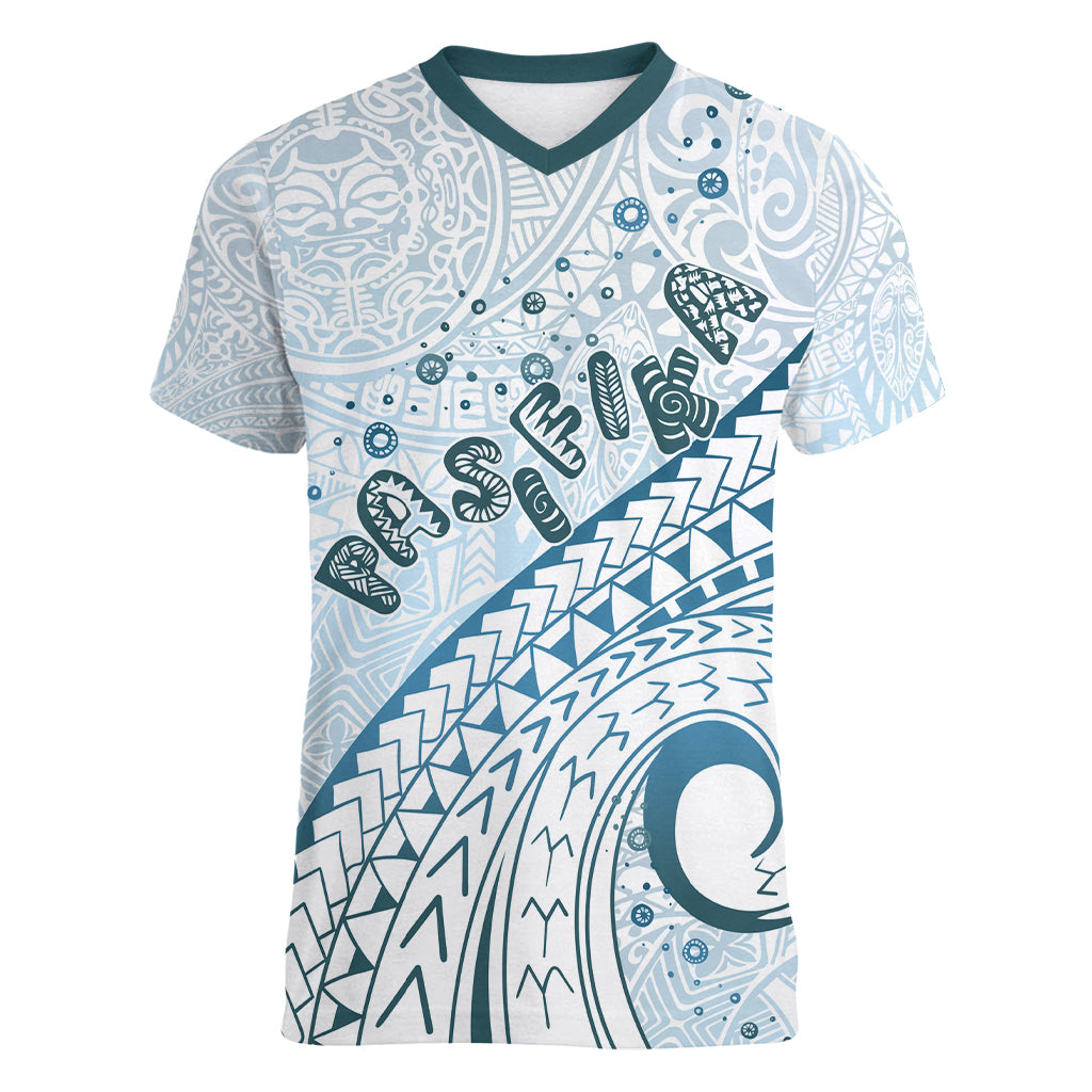 Pasifika Festival Women V Neck T Shirt Tribal Pattern Blue Version LT01 Female Blue - Polynesian Pride