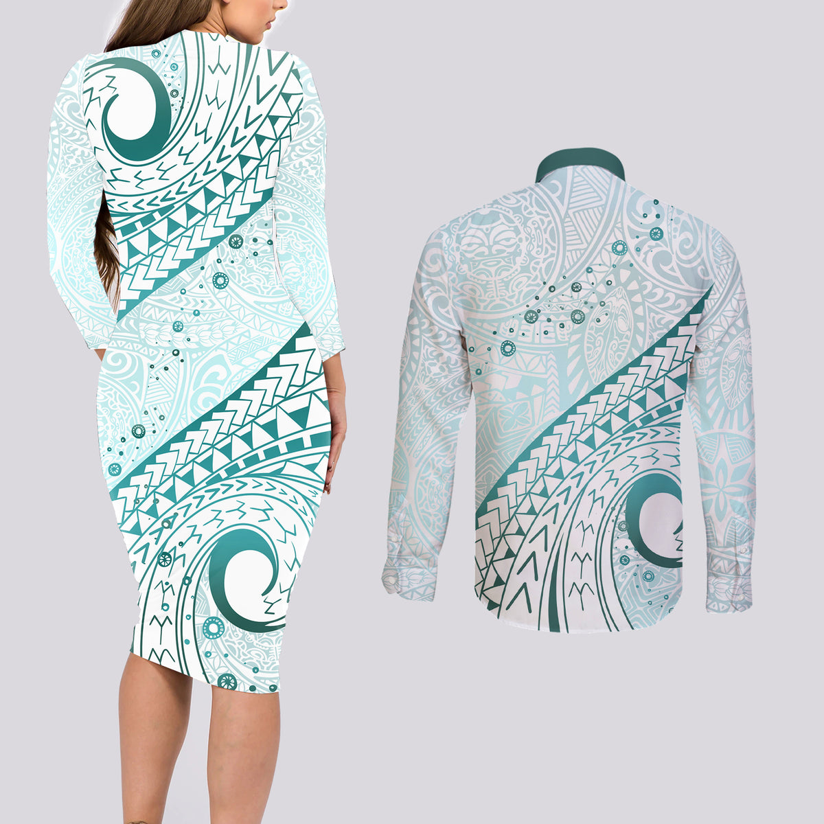 Pasifika Festival Couples Matching Long Sleeve Bodycon Dress and Long Sleeve Button Shirt Tribal Pattern Teal Version LT01 - Polynesian Pride