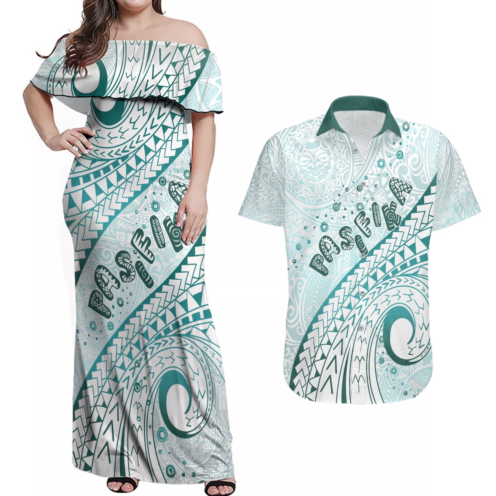 Pasifika Festival Couples Matching Off Shoulder Maxi Dress and Hawaiian Shirt Tribal Pattern Teal Version LT01 Teal - Polynesian Pride