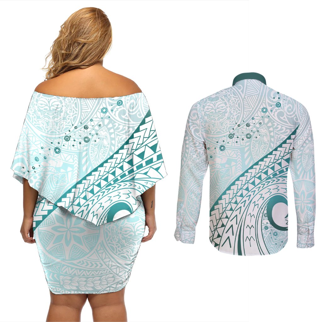 Pasifika Festival Couples Matching Off Shoulder Short Dress and Long Sleeve Button Shirt Tribal Pattern Teal Version LT01 - Polynesian Pride