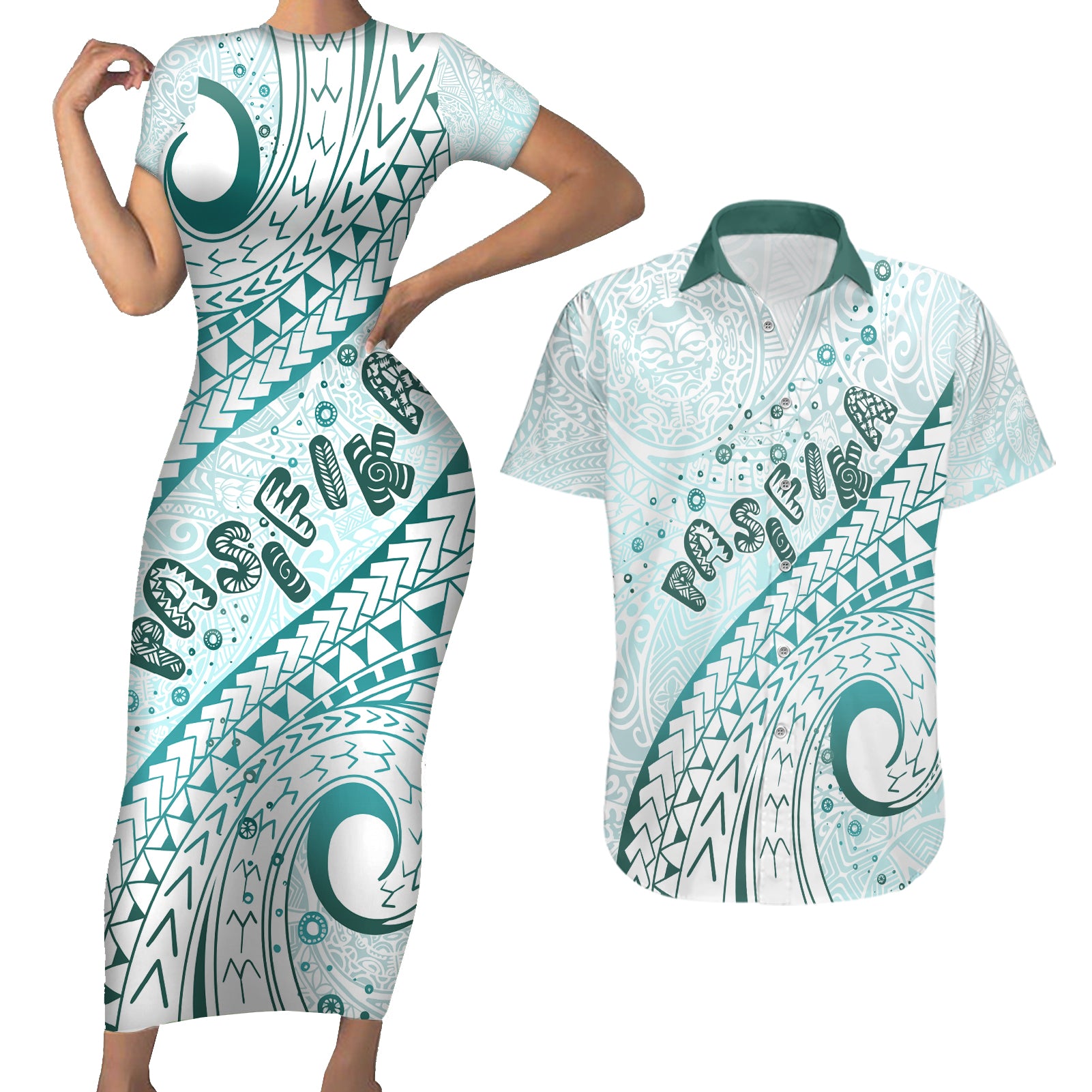 Pasifika Festival Couples Matching Short Sleeve Bodycon Dress and Hawaiian Shirt Tribal Pattern Teal Version LT01 Teal - Polynesian Pride