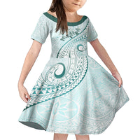 Pasifika Festival Family Matching Off Shoulder Long Sleeve Dress and Hawaiian Shirt Tribal Pattern Teal Version LT01 Daughter's Dress Teal - Polynesian Pride