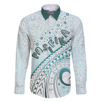 Pasifika Festival Family Matching Tank Maxi Dress and Hawaiian Shirt Tribal Pattern Teal Version LT01 Dad's Shirt - Long Sleeve Teal - Polynesian Pride