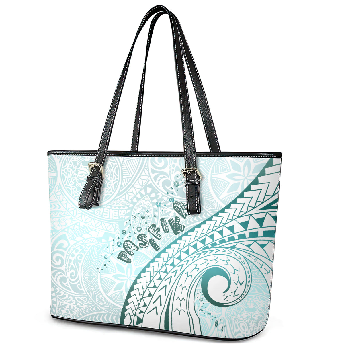 Pasifika Festival Leather Tote Bag Tribal Pattern Teal Version LT01 - Polynesian Pride