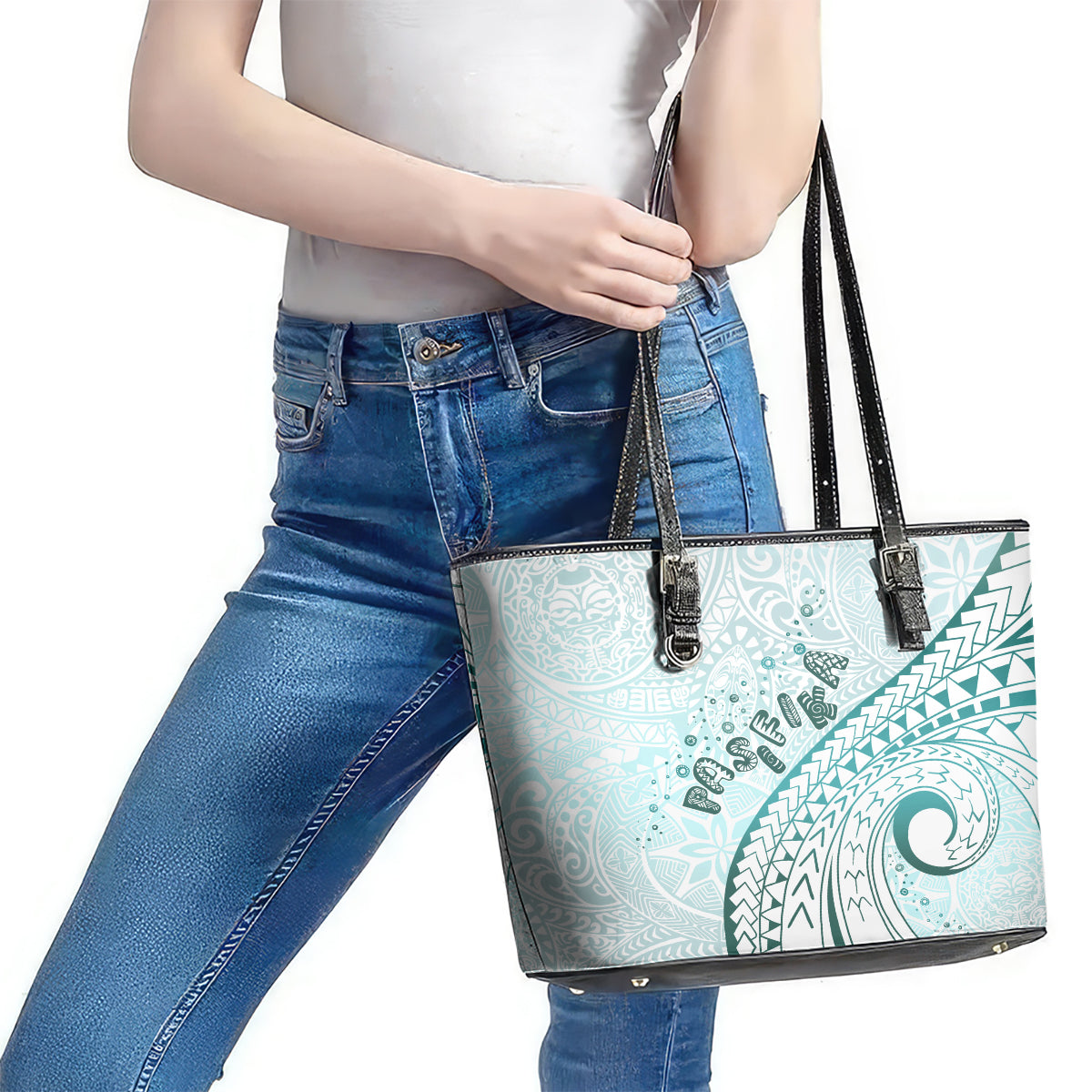 Pasifika Festival Leather Tote Bag Tribal Pattern Teal Version LT01 - Polynesian Pride