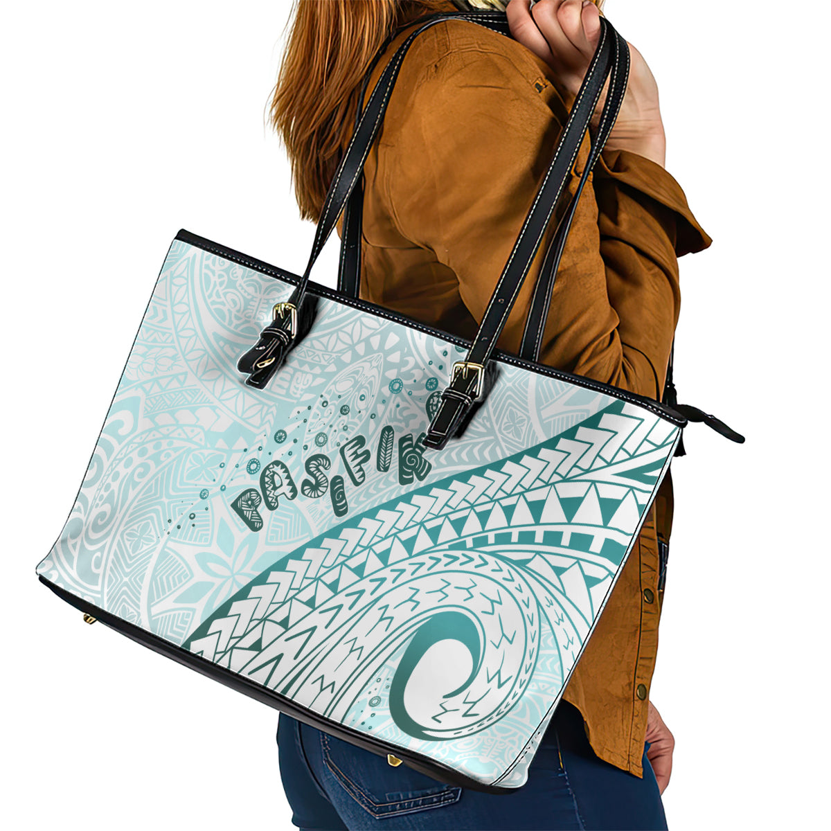 Pasifika Festival Leather Tote Bag Tribal Pattern Teal Version LT01 - Polynesian Pride
