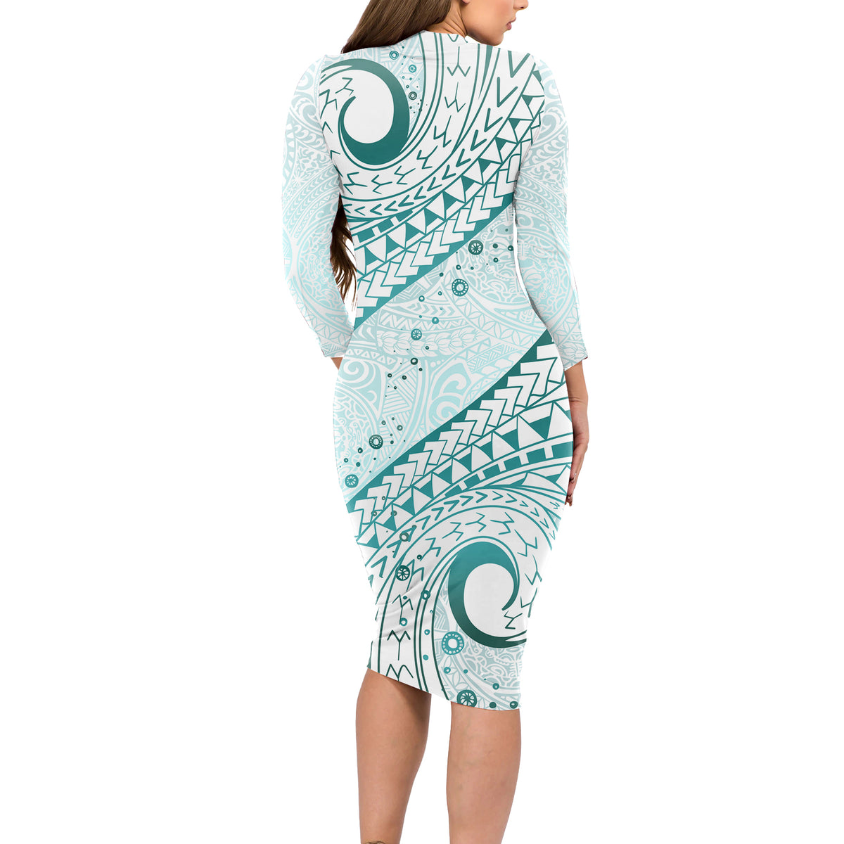 Pasifika Festival Long Sleeve Bodycon Dress Tribal Pattern Teal Version LT01 - Polynesian Pride