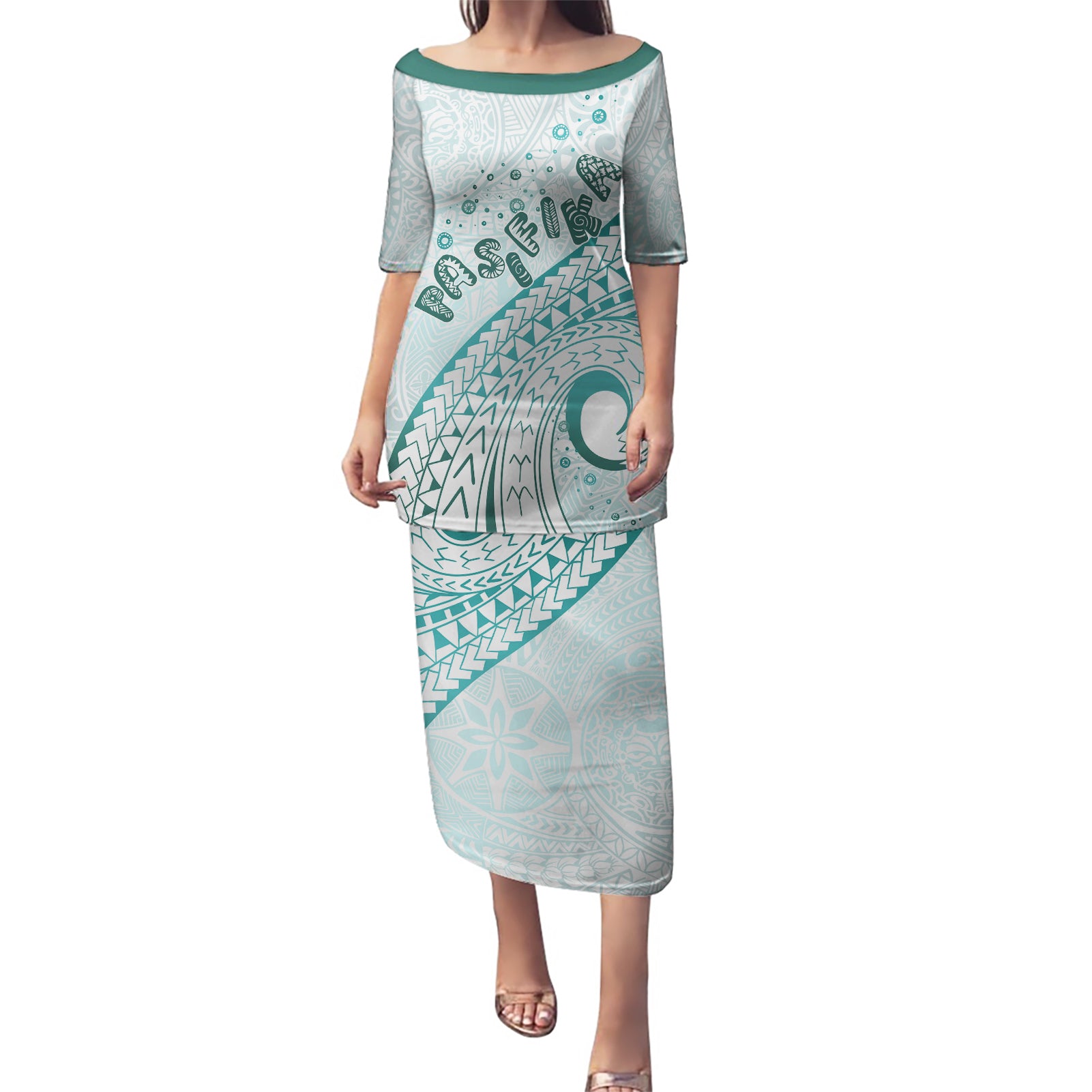 Pasifika Festival Puletasi Tribal Pattern Teal Version LT01 Long Dress Teal - Polynesian Pride