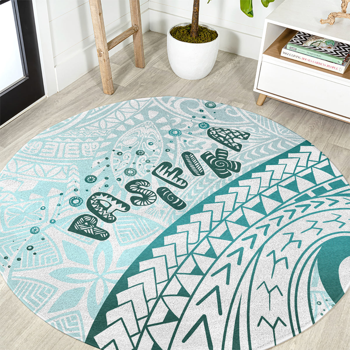 Pasifika Festival Round Carpet Tribal Pattern Teal Version