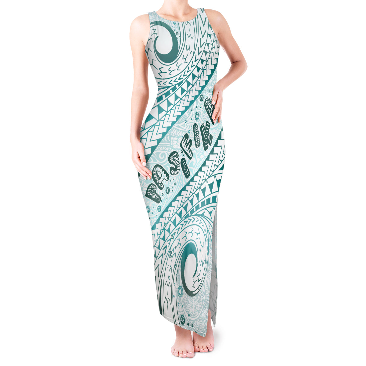 Pasifika Festival Tank Maxi Dress Tribal Pattern Teal Version LT01 Women Teal - Polynesian Pride