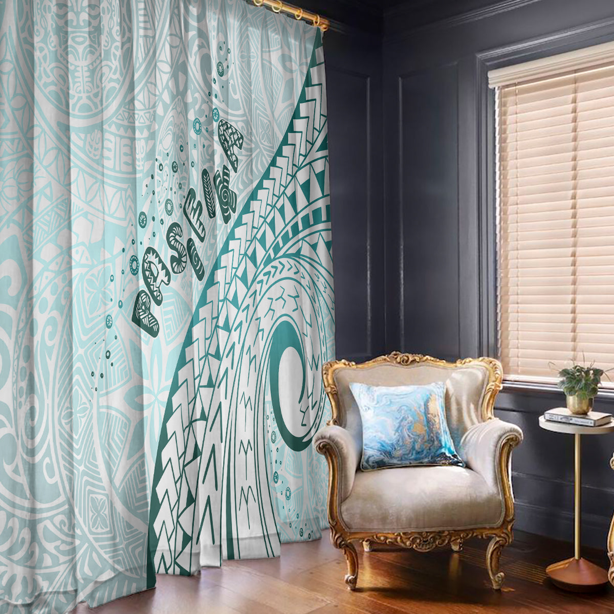 Pasifika Festival Window Curtain Tribal Pattern Teal Version LT01 - Polynesian Pride