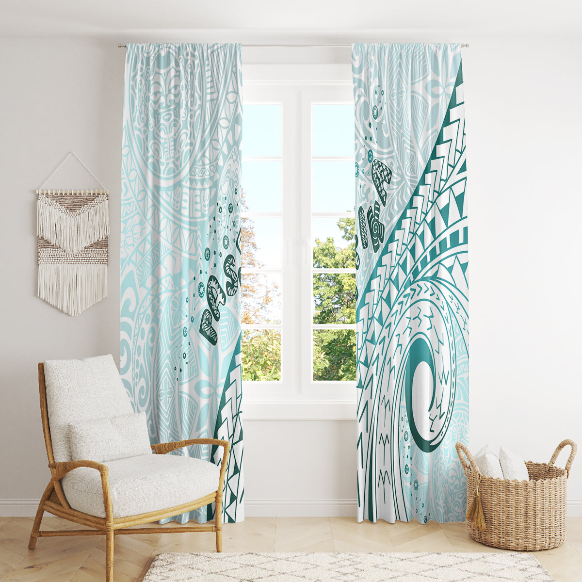 Pasifika Festival Window Curtain Tribal Pattern Teal Version LT01 - Polynesian Pride