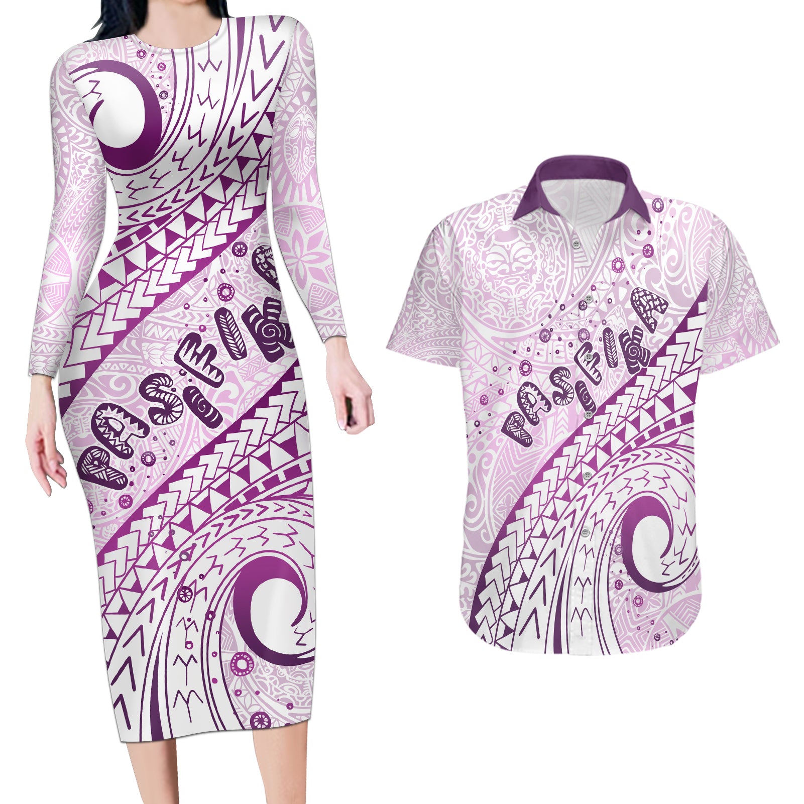 Pasifika Festival Couples Matching Long Sleeve Bodycon Dress and Hawaiian Shirt Tribal Pattern Lilac Version LT01 Purple - Polynesian Pride