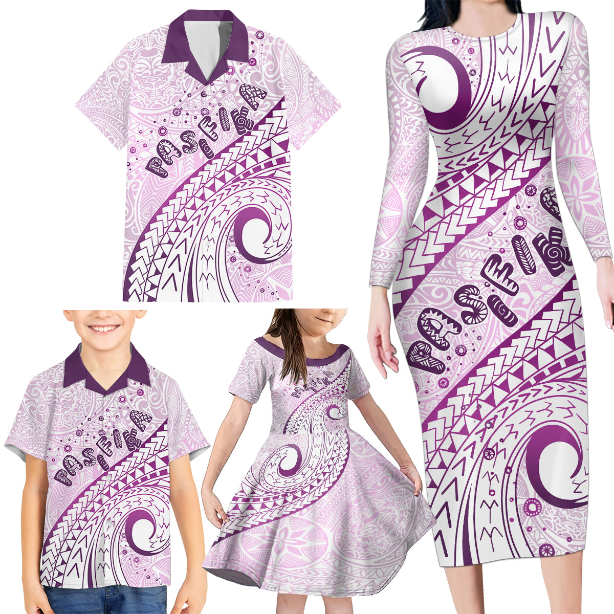 Pasifika Festival Family Matching Long Sleeve Bodycon Dress and Hawaiian Shirt Tribal Pattern Lilac Version LT01 - Polynesian Pride