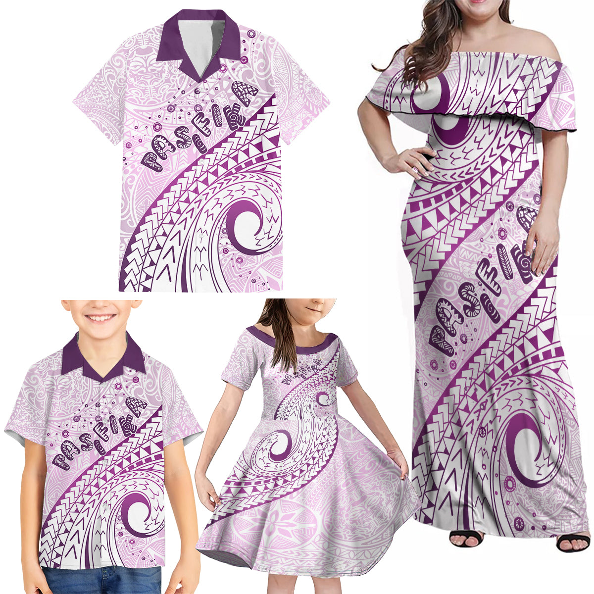 Pasifika Festival Family Matching Off Shoulder Maxi Dress and Hawaiian Shirt Tribal Pattern Lilac Version LT01 - Polynesian Pride