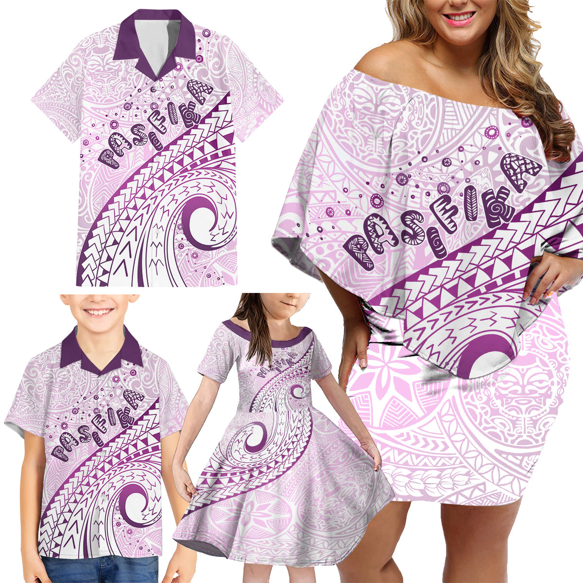 Pasifika Festival Family Matching Off Shoulder Short Dress and Hawaiian Shirt Tribal Pattern Lilac Version LT01 - Polynesian Pride