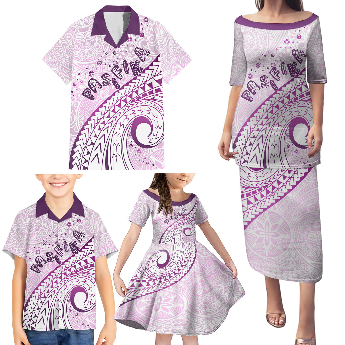 Pasifika Festival Family Matching Puletasi and Hawaiian Shirt Tribal Pattern Lilac Version LT01 - Polynesian Pride