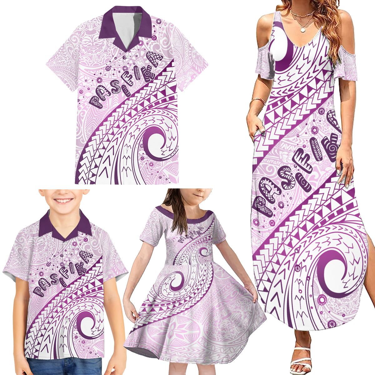 Pasifika Festival Family Matching Summer Maxi Dress and Hawaiian Shirt Tribal Pattern Lilac Version LT01 - Polynesian Pride