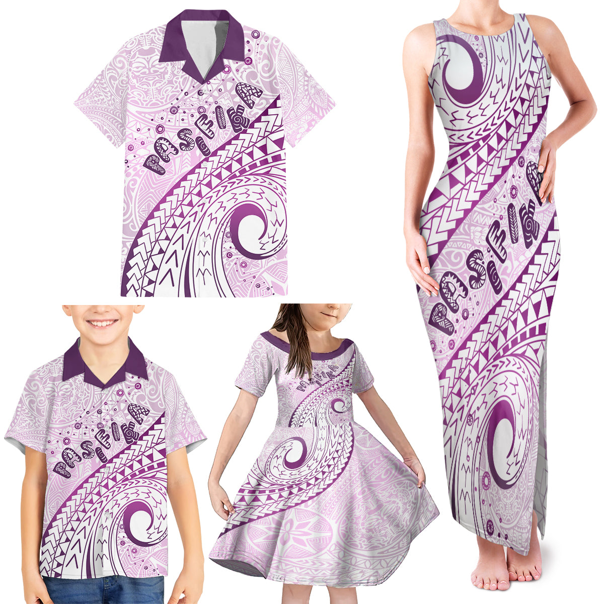 Pasifika Festival Family Matching Tank Maxi Dress and Hawaiian Shirt Tribal Pattern Lilac Version LT01 - Polynesian Pride