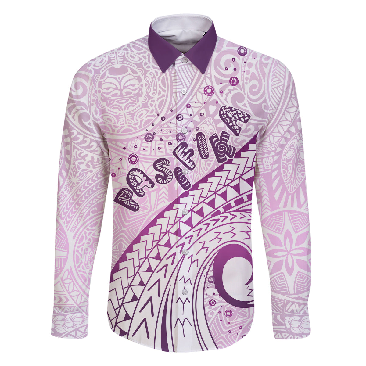 Pasifika Festival Family Matching Tank Maxi Dress and Hawaiian Shirt Tribal Pattern Lilac Version LT01 Dad's Shirt - Long Sleeve Purple - Polynesian Pride