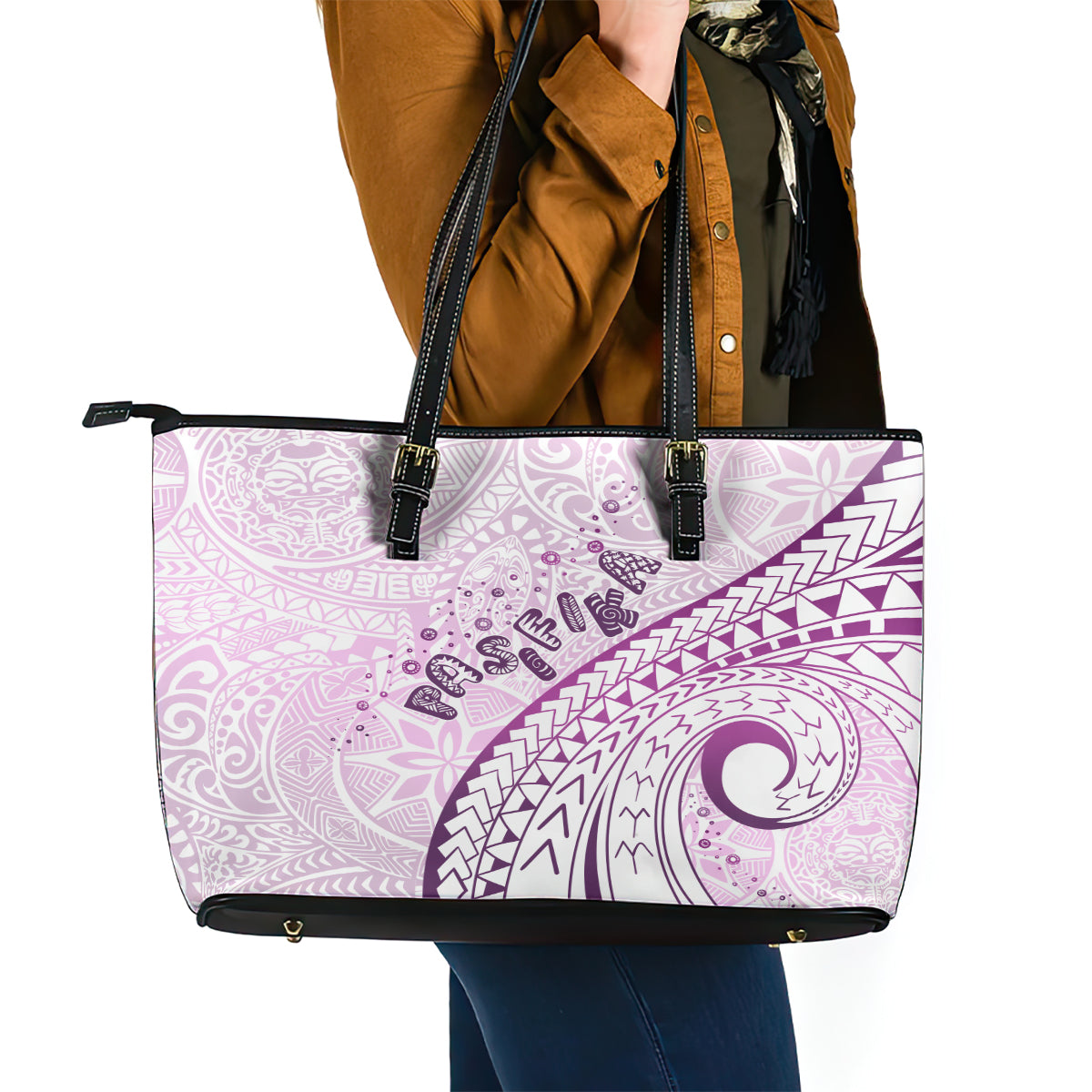 Pasifika Festival Leather Tote Bag Tribal Pattern Lilac Version LT01 - Polynesian Pride