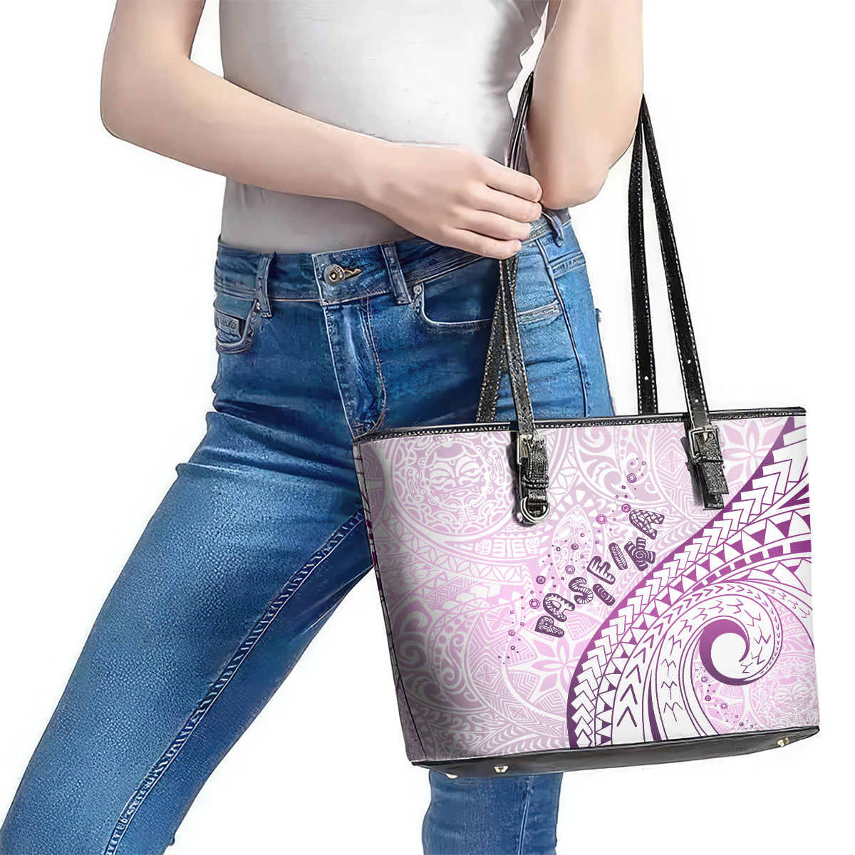 Pasifika Festival Leather Tote Bag Tribal Pattern Lilac Version LT01 - Polynesian Pride