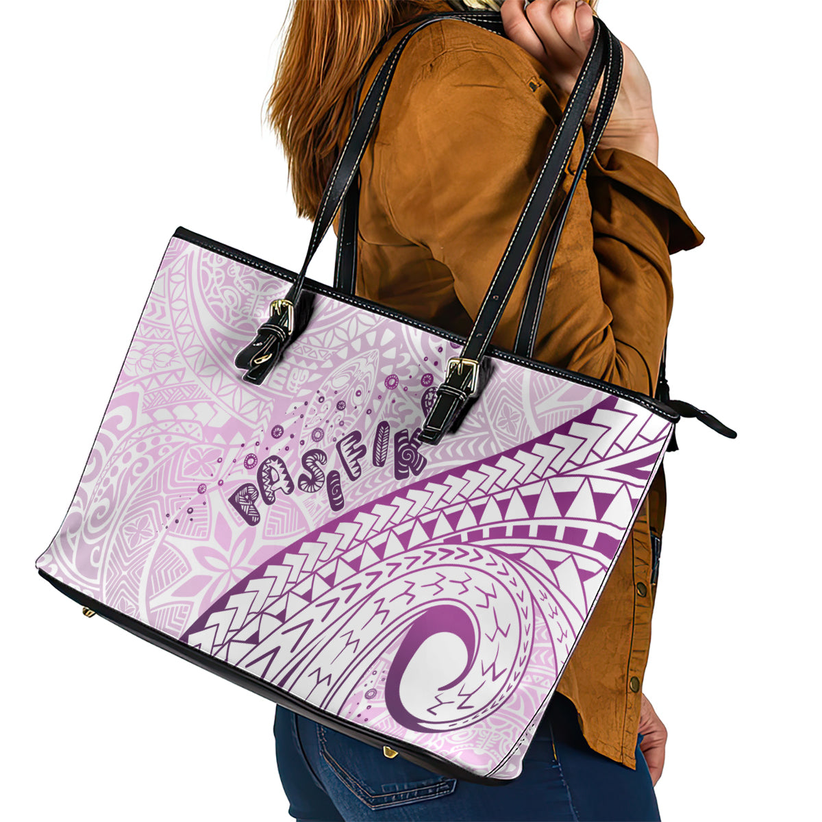 Pasifika Festival Leather Tote Bag Tribal Pattern Lilac Version LT01 - Polynesian Pride
