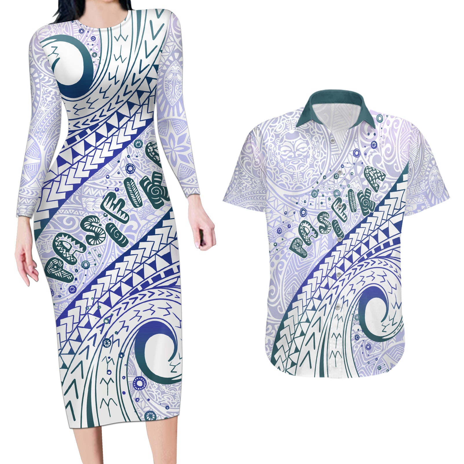 Pasifika Festival Couples Matching Long Sleeve Bodycon Dress and Hawaiian Shirt Tribal Pattern Violet Version LT01 Purple - Polynesian Pride