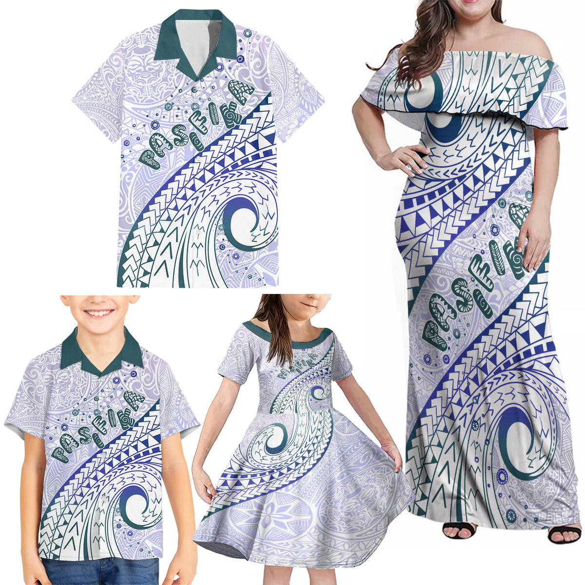 Pasifika Festival Family Matching Off Shoulder Maxi Dress and Hawaiian Shirt Tribal Pattern Violet Version LT01 - Polynesian Pride