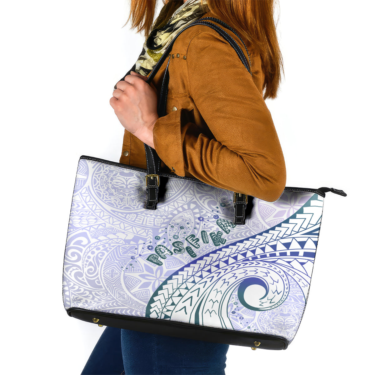 Pasifika Festival Leather Tote Bag Tribal Pattern Violet Version LT01 Purple - Polynesian Pride