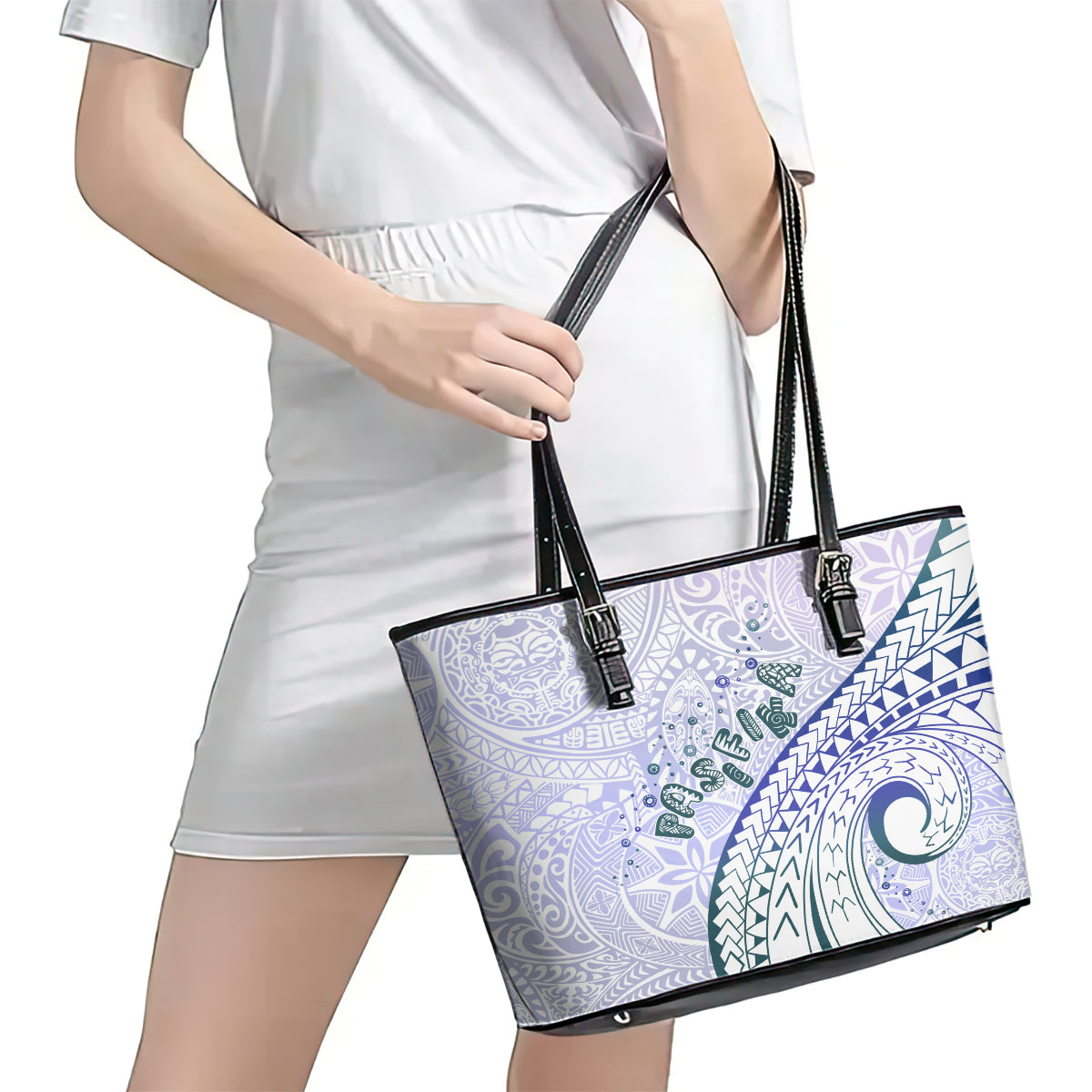 Pasifika Festival Leather Tote Bag Tribal Pattern Violet Version LT01 - Polynesian Pride