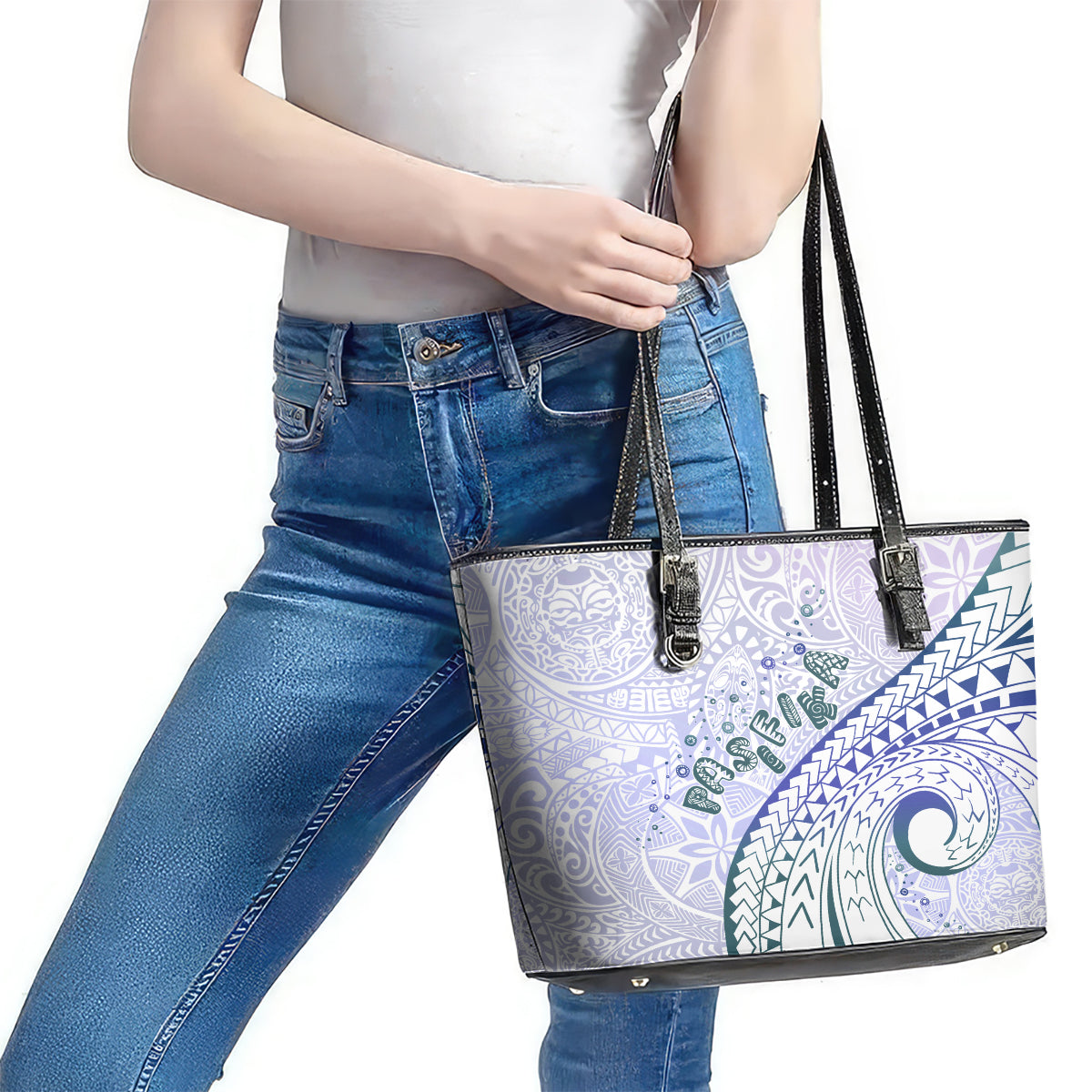 Pasifika Festival Leather Tote Bag Tribal Pattern Violet Version LT01 - Polynesian Pride