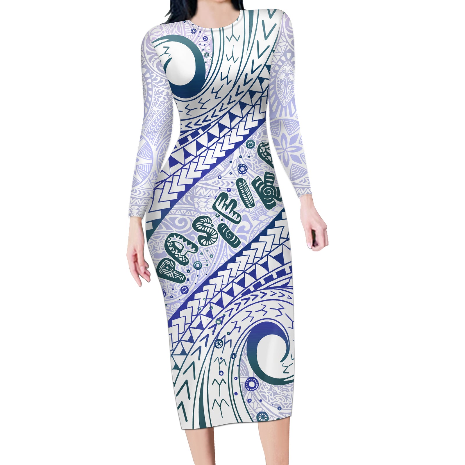 Pasifika Festival Long Sleeve Bodycon Dress Tribal Pattern Violet Version LT01 Long Dress Purple - Polynesian Pride
