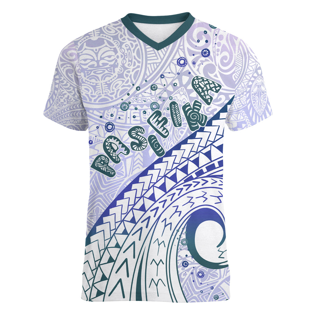 Pasifika Festival Women V Neck T Shirt Tribal Pattern Violet Version LT01 Female Purple - Polynesian Pride