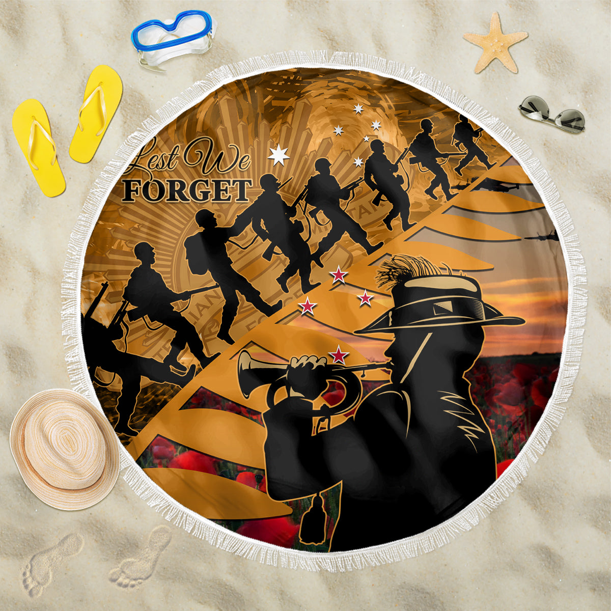 ANZAC Day 2024 Beach Blanket Silver Fern With A Trumpet Soldier LT01 One Size 150cm Art - Polynesian Pride