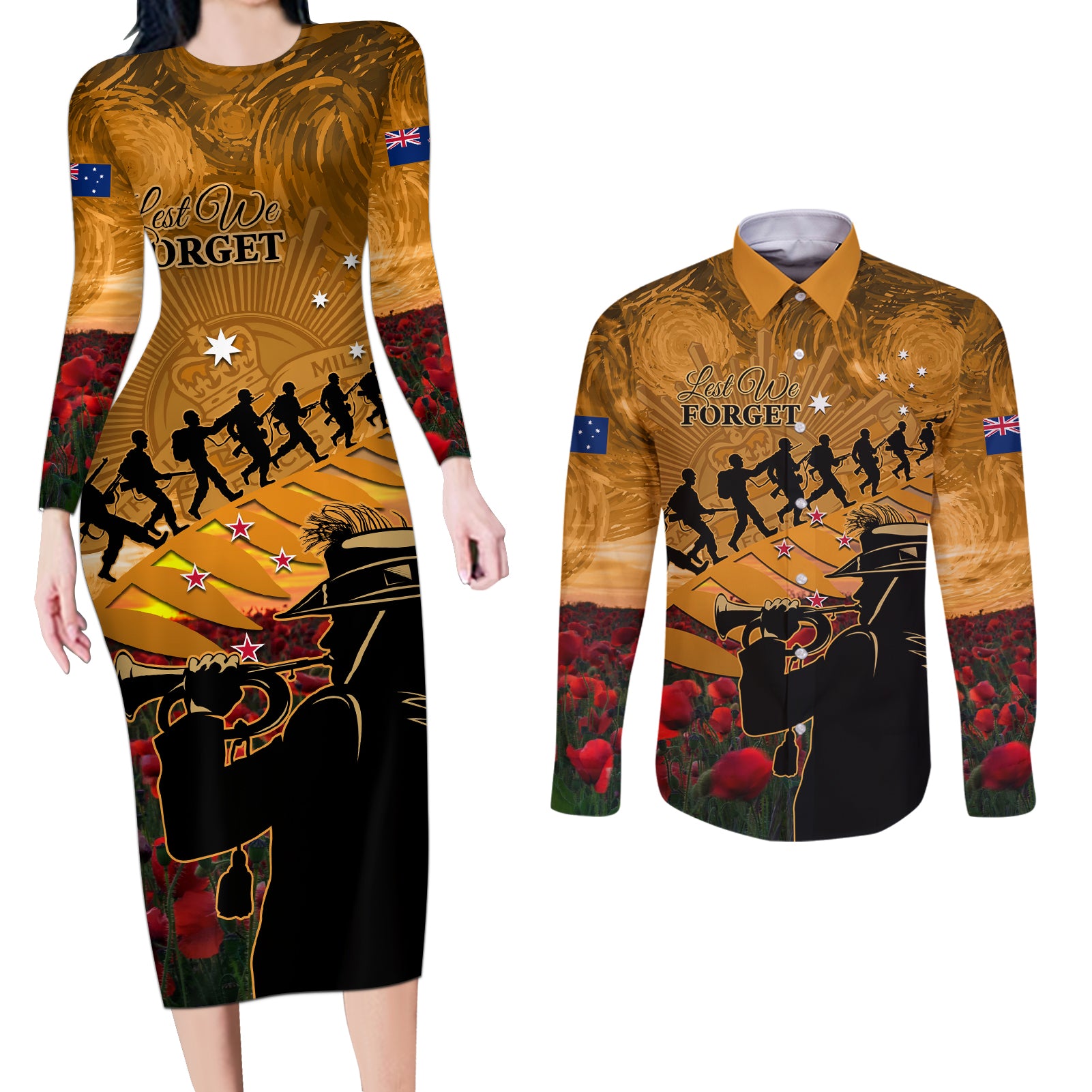 ANZAC Day 2024 Couples Matching Long Sleeve Bodycon Dress and Long Sleeve Button Shirt Silver Fern With A Trumpet Soldier LT01 Art - Polynesian Pride