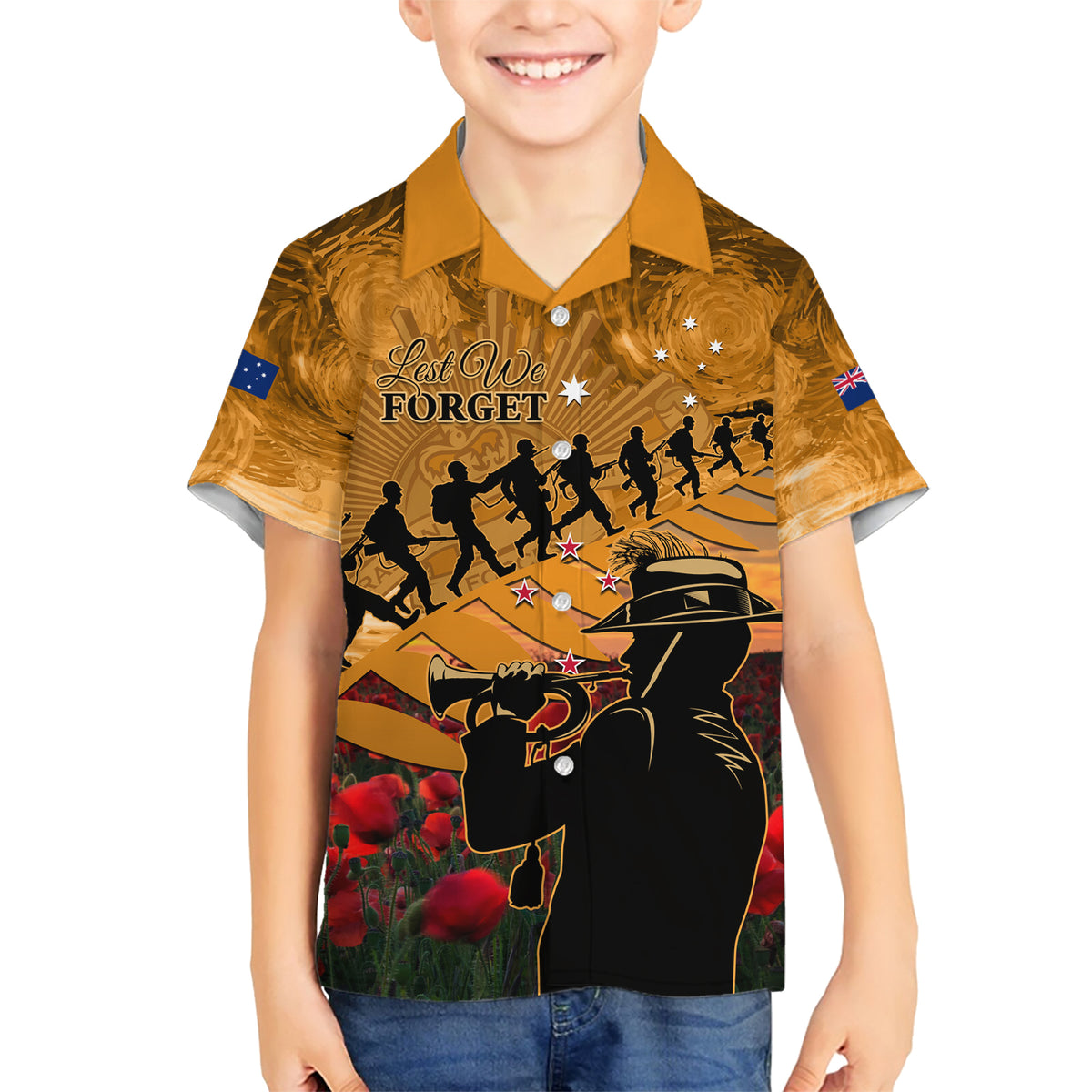 ANZAC Day 2024 Family Matching Short Sleeve Bodycon Dress and Hawaiian Shirt Silver Fern With A Trumpet Soldier LT01 Son's Shirt Art - Polynesian Pride