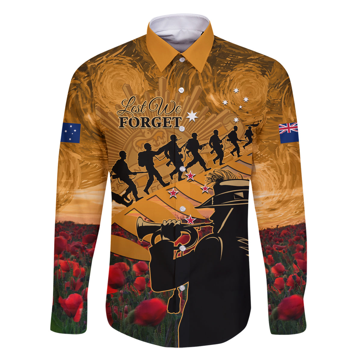 ANZAC Day 2024 Family Matching Tank Maxi Dress and Hawaiian Shirt Silver Fern With A Trumpet Soldier LT01 Dad's Shirt - Long Sleeve Art - Polynesian Pride