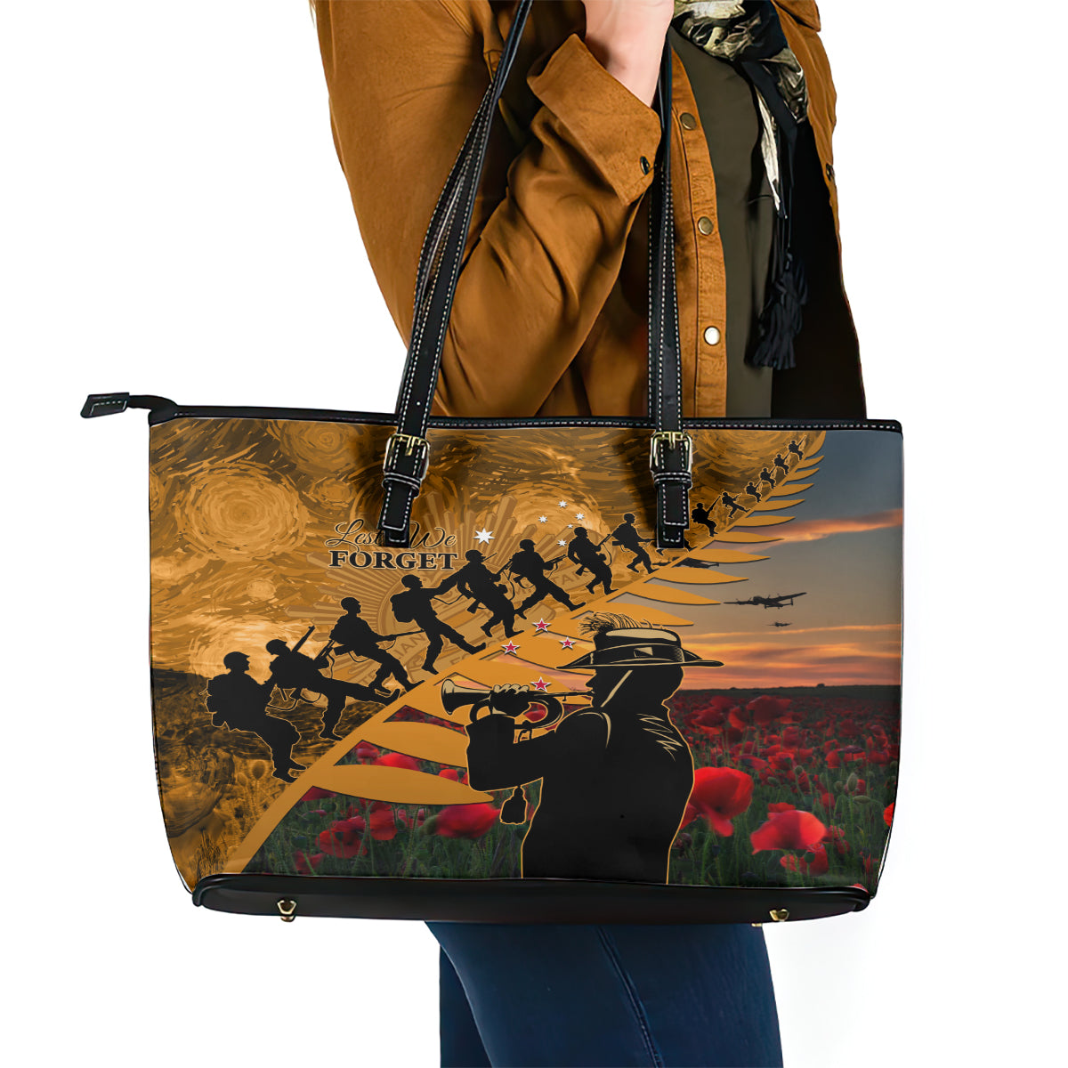 ANZAC Day 2024 Leather Tote Bag Silver Fern With A Trumpet Soldier LT01 - Polynesian Pride