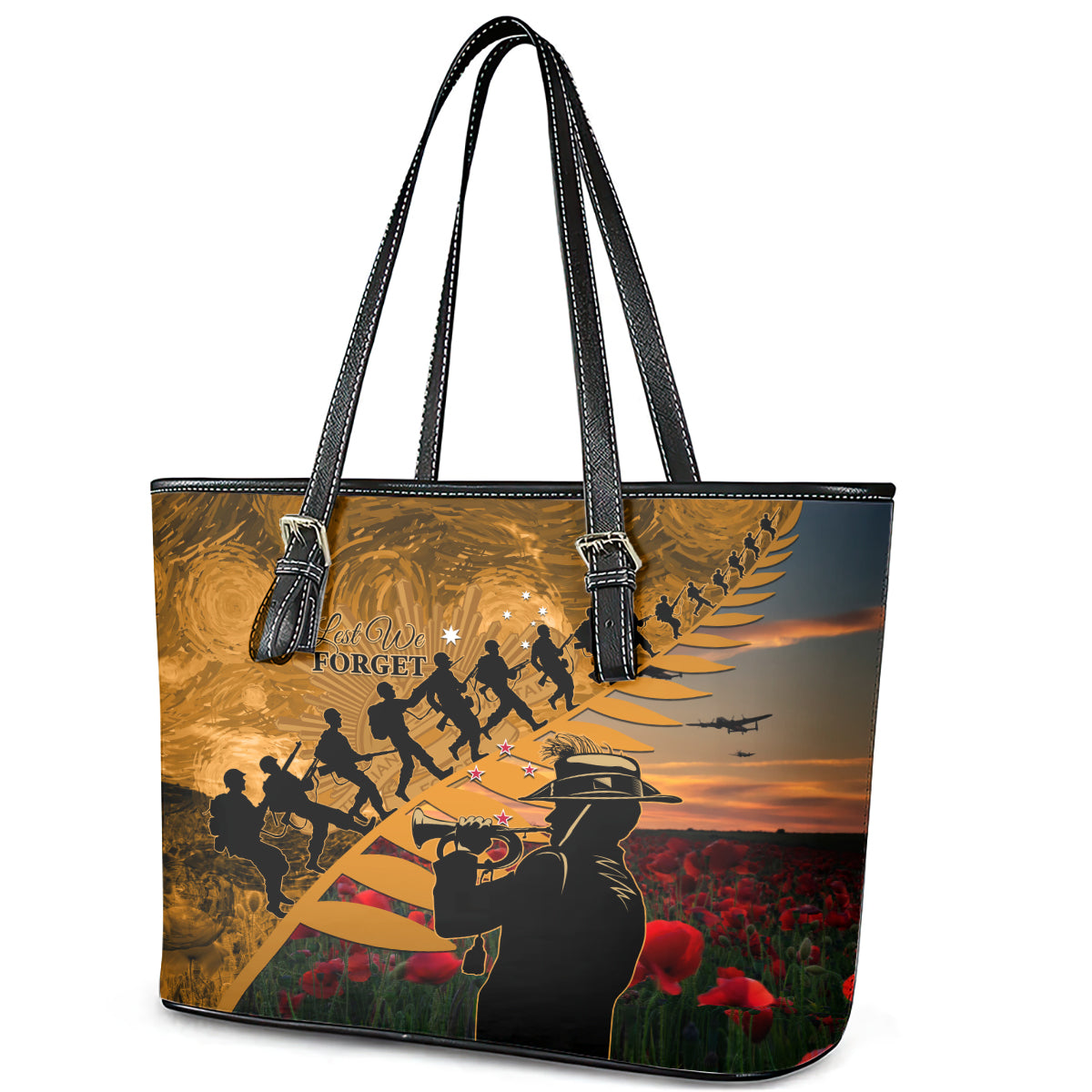 ANZAC Day 2024 Leather Tote Bag Silver Fern With A Trumpet Soldier LT01 - Polynesian Pride