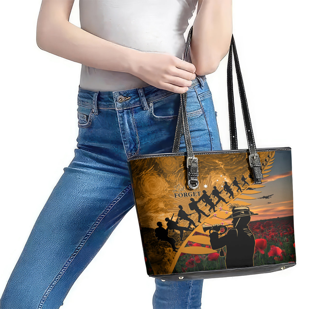 ANZAC Day 2024 Leather Tote Bag Silver Fern With A Trumpet Soldier LT01 - Polynesian Pride