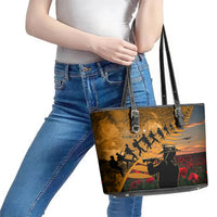 ANZAC Day 2024 Leather Tote Bag Silver Fern With A Trumpet Soldier LT01 - Polynesian Pride