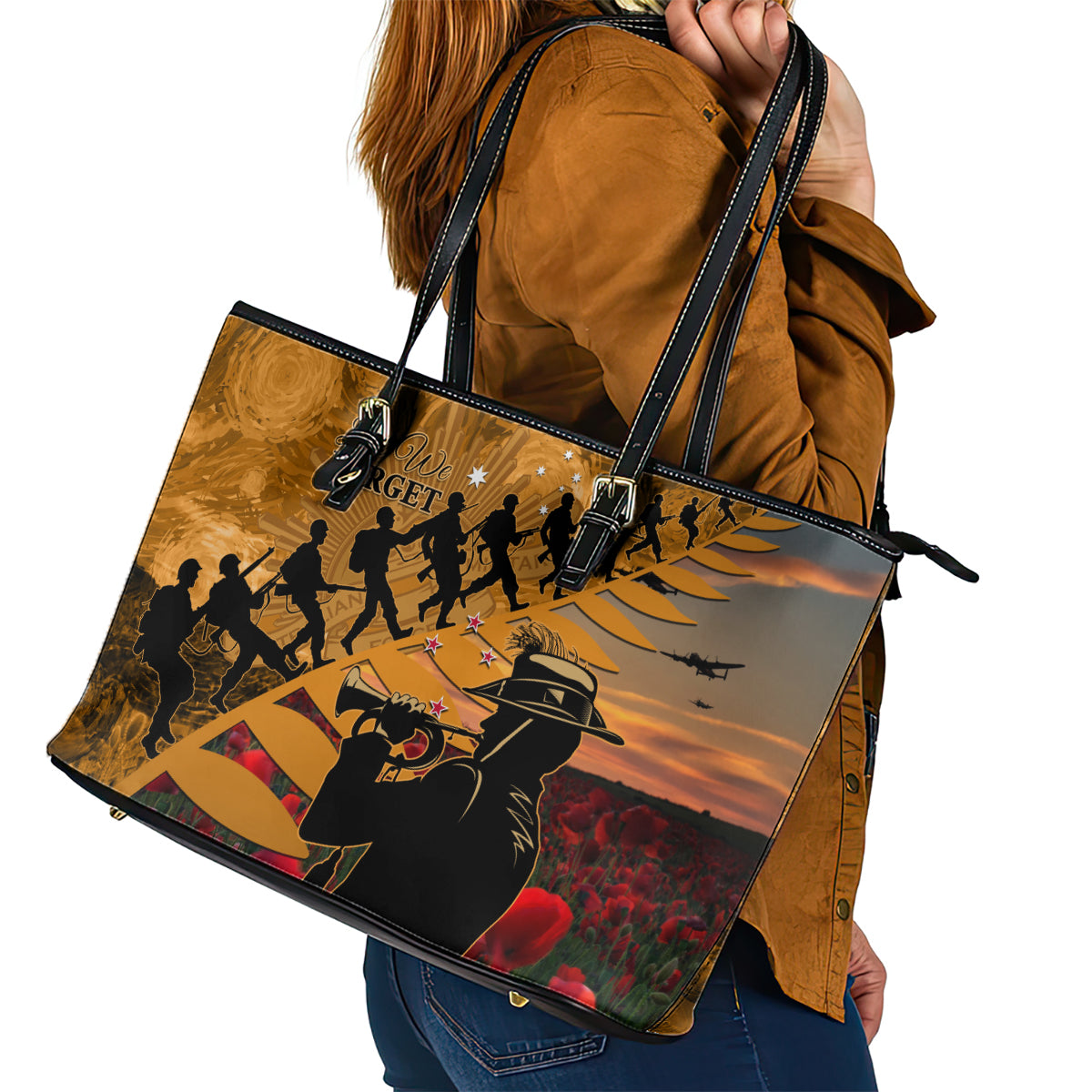 ANZAC Day 2024 Leather Tote Bag Silver Fern With A Trumpet Soldier LT01 - Polynesian Pride