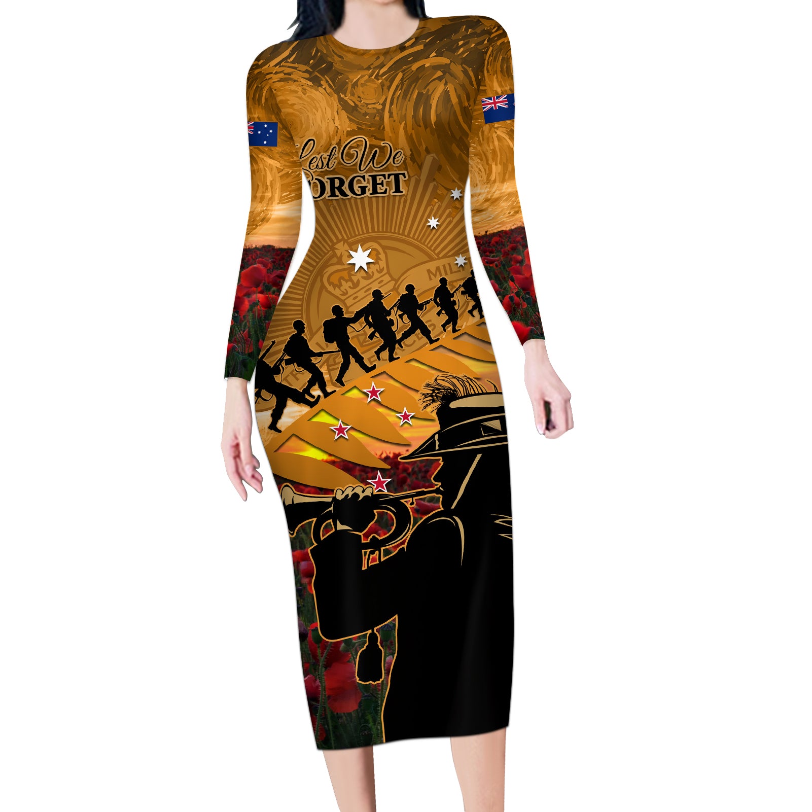 ANZAC Day 2024 Long Sleeve Bodycon Dress Silver Fern With A Trumpet Soldier LT01 Long Dress Art - Polynesian Pride