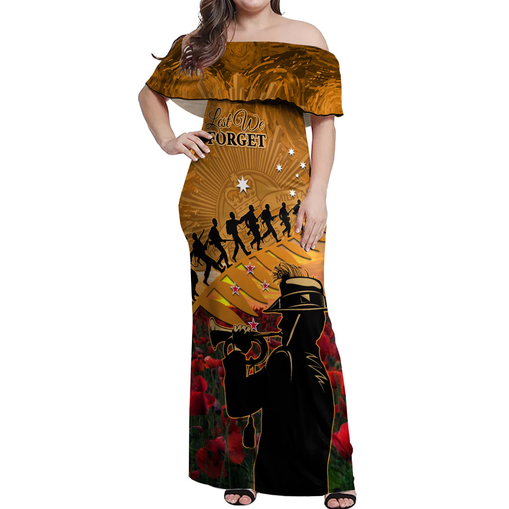 ANZAC Day 2024 Off Shoulder Maxi Dress Silver Fern With A Trumpet Soldier LT01 Women Art - Polynesian Pride