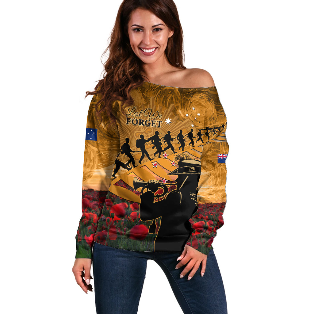 ANZAC Day 2024 Off Shoulder Sweater Silver Fern With A Trumpet Soldier LT01 Women Art - Polynesian Pride