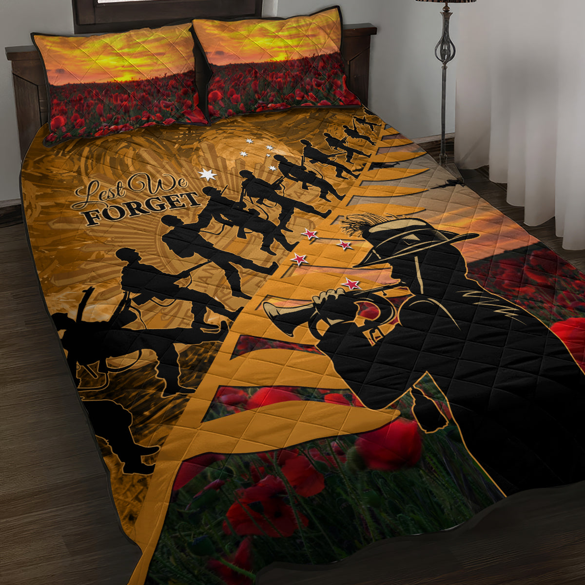 ANZAC Day 2024 Quilt Bed Set Silver Fern With A Trumpet Soldier LT01 Art - Polynesian Pride